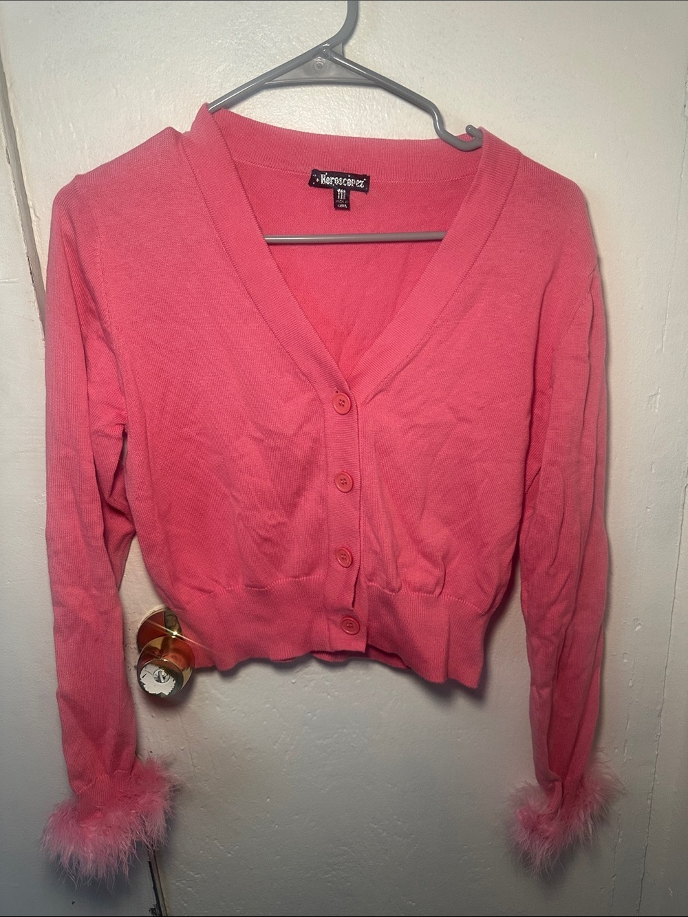 cropped cardigan with feather trim cuffs